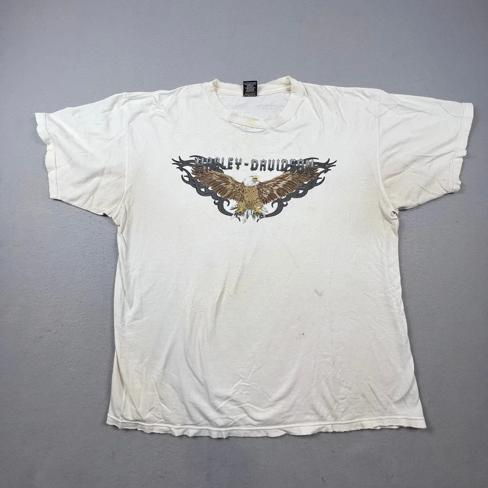 Harley Davidson T-Shirt Mens 2XL White Eagle Glendale CA Thrashed Biker Vintage